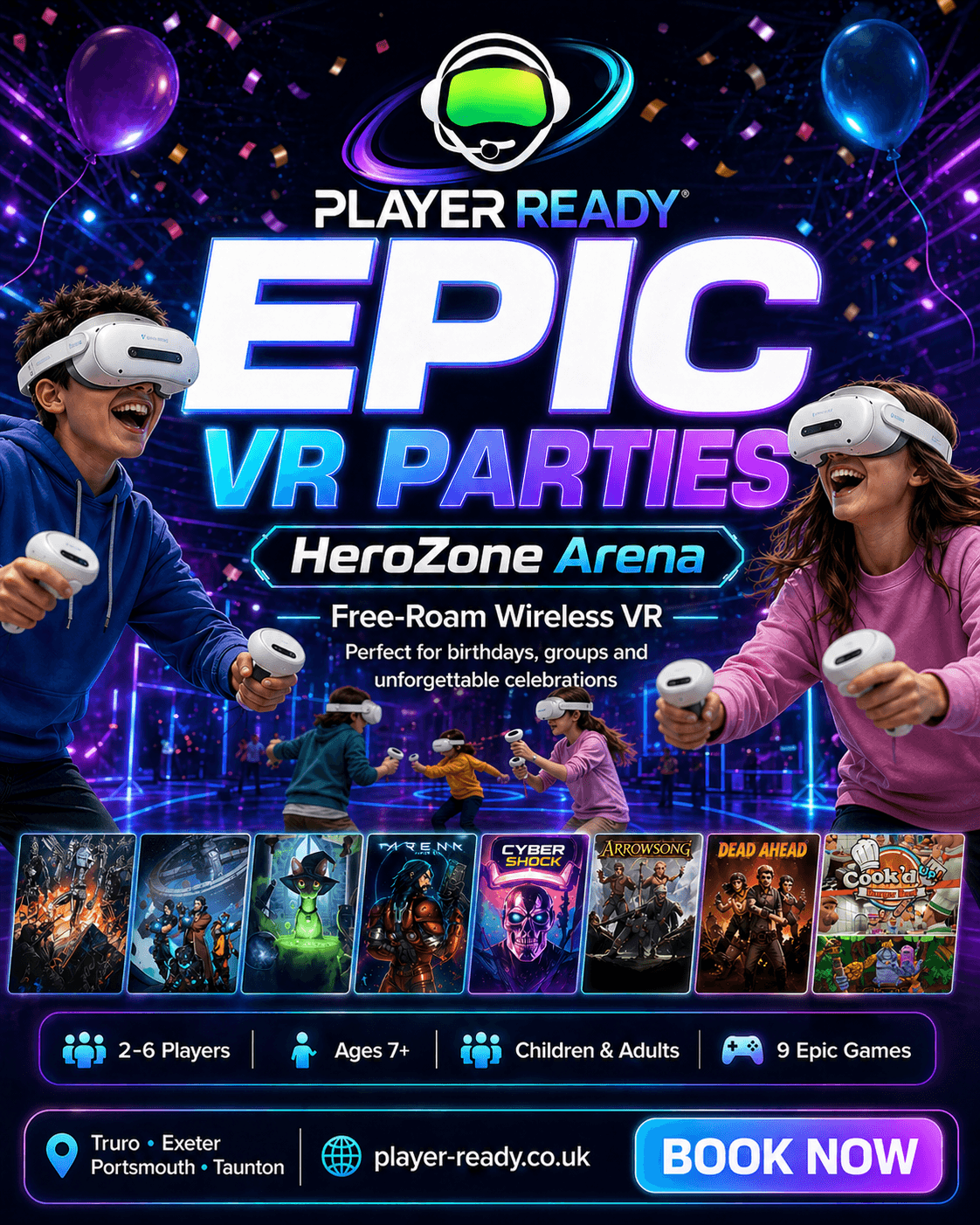 Epic VR Parties at Player Ready HeroZone Arena — free-roam wireless VR for birthdays, groups and celebrations