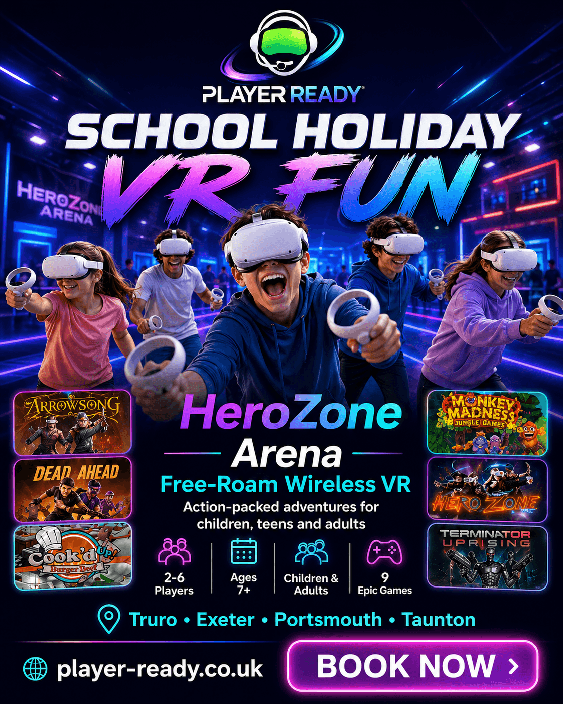 Player Ready School Holiday VR Fun — HeroZone Arena free-roam wireless VR for children, teens and adults