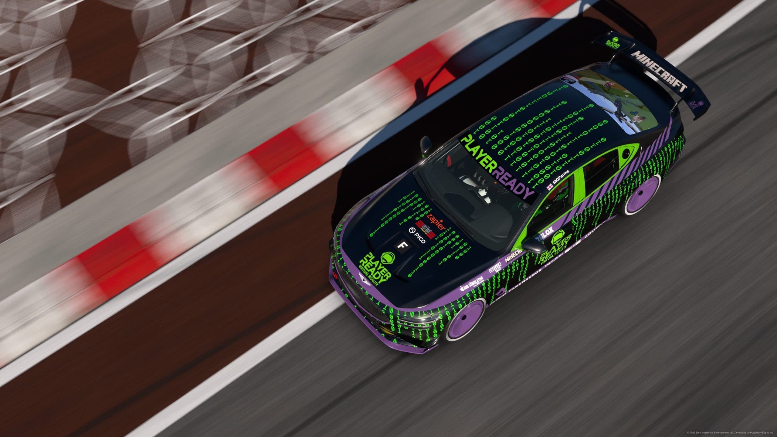 Player Ready Matrix-themed race car on track, aerial view