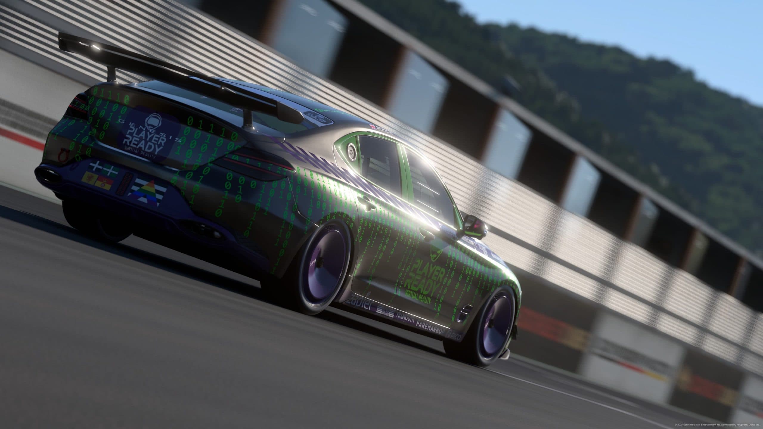 Player Ready race car from behind, testing on a mountain circuit