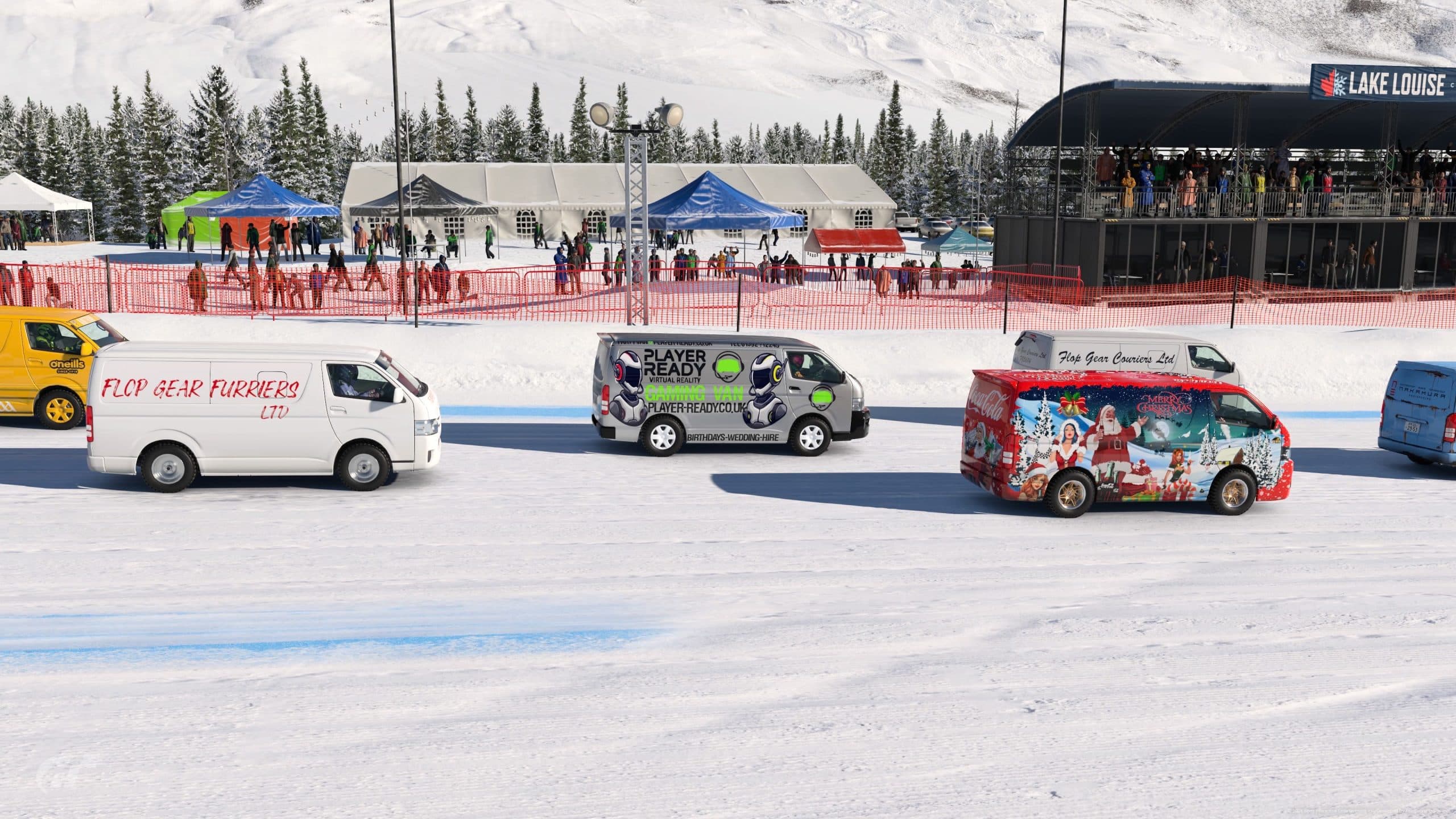 Player Ready branded vans competing on a snowy circuit in BeamNG