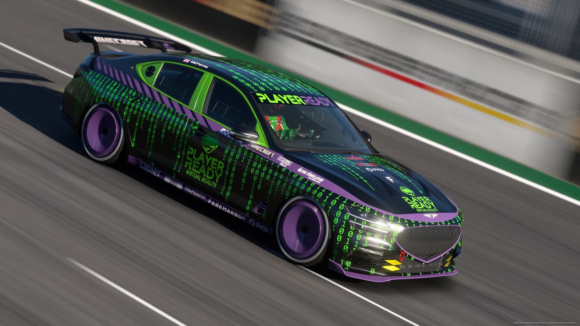 Player Ready branded race car on track -- built and customised by students in Pit Crew Pro